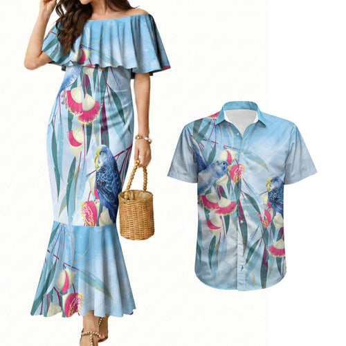 Australia Blue Budgie Marble Glaze Couples Matching Mermaid Dress and Hawaiian Shirt Cancer Awareness