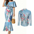 Australia Blue Budgie Marble Glaze Couples Matching Mermaid Dress and Long Sleeve Button Shirt Cancer Awareness