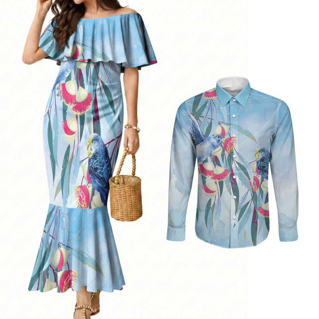 Australia Blue Budgie Marble Glaze Couples Matching Mermaid Dress and Long Sleeve Button Shirt Cancer Awareness