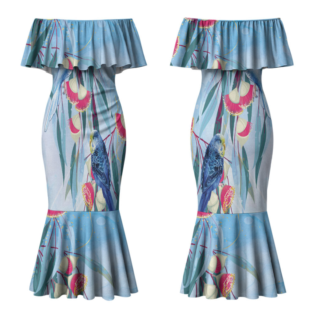 Australia Blue Budgie Marble Glaze Couples Matching Mermaid Dress and Long Sleeve Button Shirt Cancer Awareness