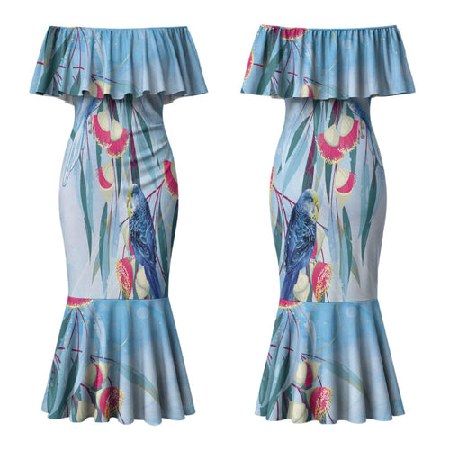 Australia Blue Budgie Marble Glaze Couples Matching Mermaid Dress and Long Sleeve Button Shirt Cancer Awareness