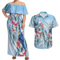 Australia Blue Budgie Marble Glaze Couples Matching Off Shoulder Maxi Dress and Hawaiian Shirt Cancer Awareness