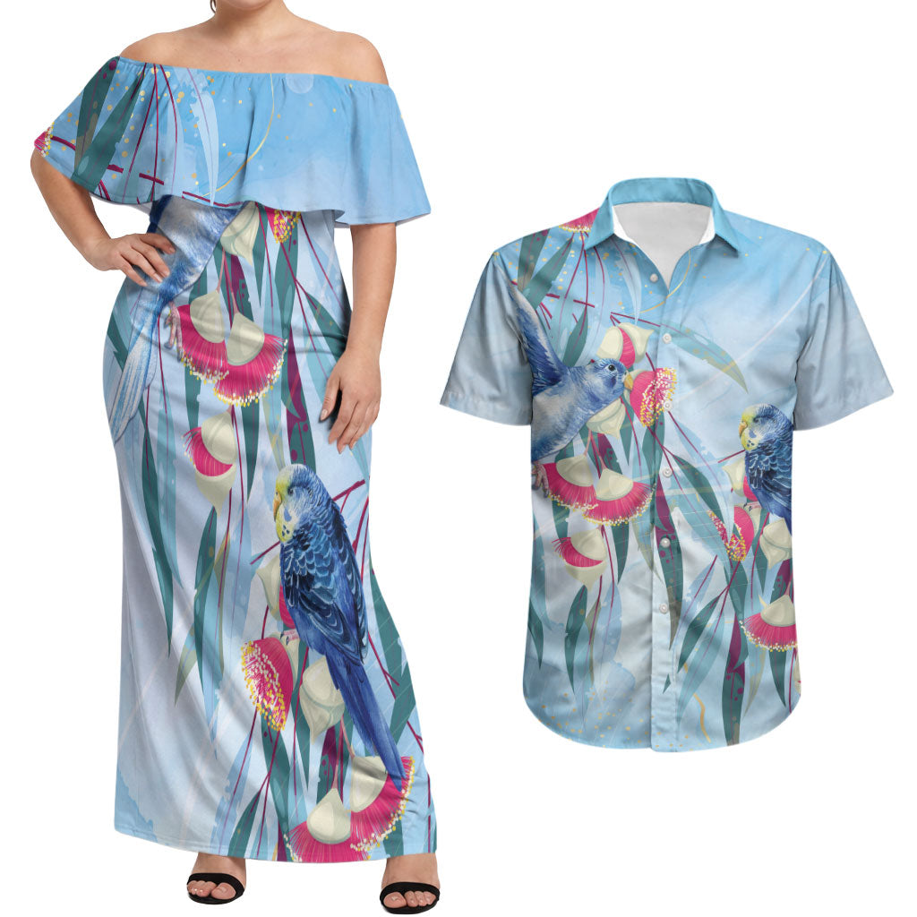 Australia Blue Budgie Marble Glaze Couples Matching Off Shoulder Maxi Dress and Hawaiian Shirt Cancer Awareness