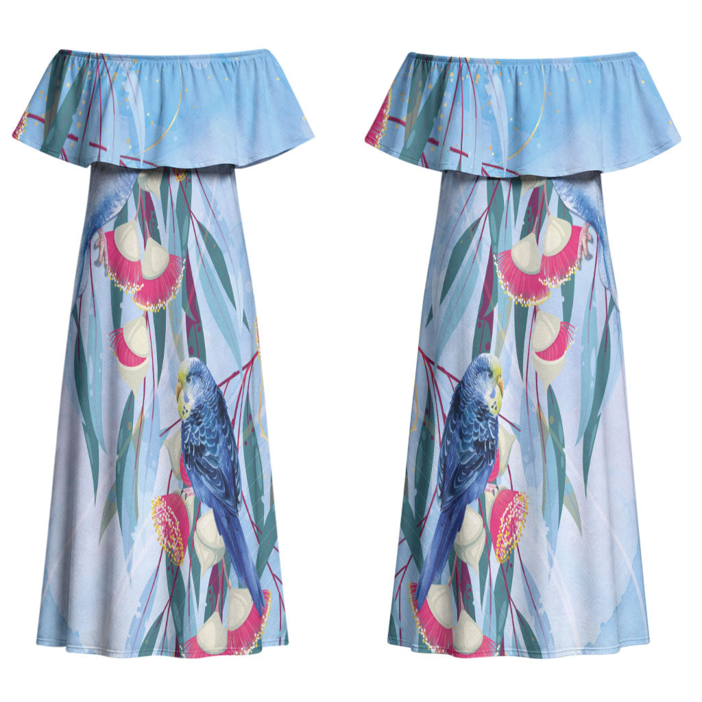 Australia Blue Budgie Marble Glaze Couples Matching Off Shoulder Maxi Dress and Hawaiian Shirt Cancer Awareness