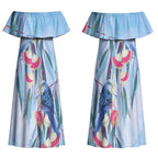 Australia Blue Budgie Marble Glaze Couples Matching Off Shoulder Maxi Dress and Hawaiian Shirt Cancer Awareness