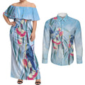 Australia Blue Budgie Marble Glaze Couples Matching Off Shoulder Maxi Dress and Long Sleeve Button Shirt Cancer Awareness