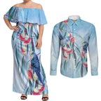 Australia Blue Budgie Marble Glaze Couples Matching Off Shoulder Maxi Dress and Long Sleeve Button Shirt Cancer Awareness