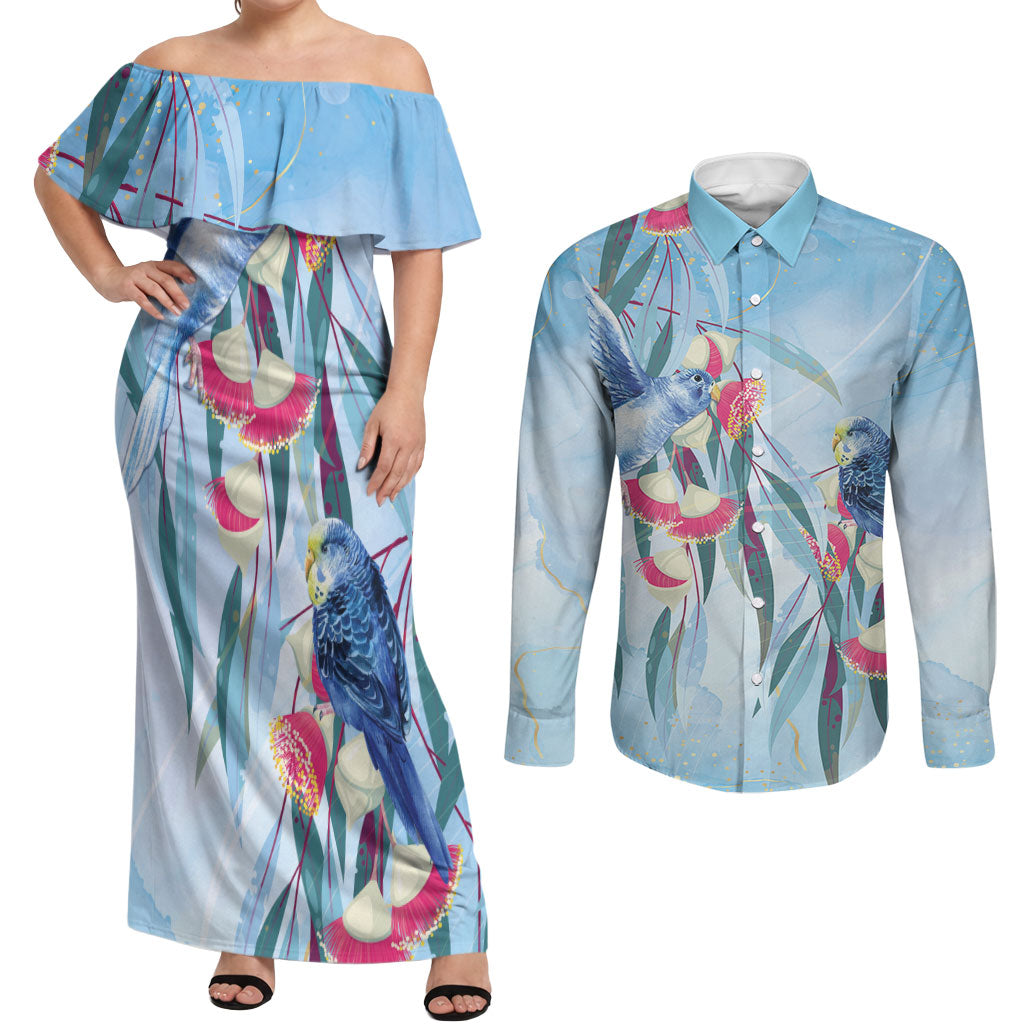 Australia Blue Budgie Marble Glaze Couples Matching Off Shoulder Maxi Dress and Long Sleeve Button Shirt Cancer Awareness