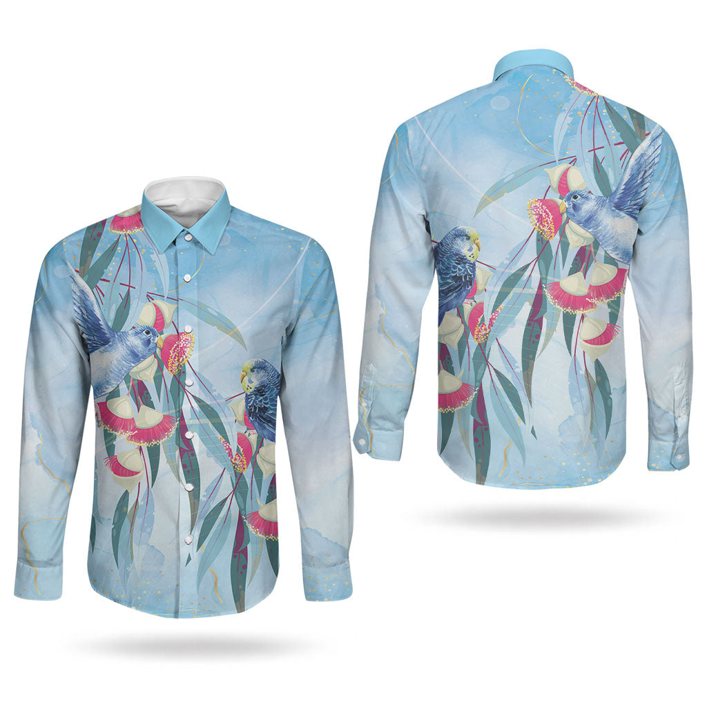 Australia Blue Budgie Marble Glaze Couples Matching Off Shoulder Maxi Dress and Long Sleeve Button Shirt Cancer Awareness