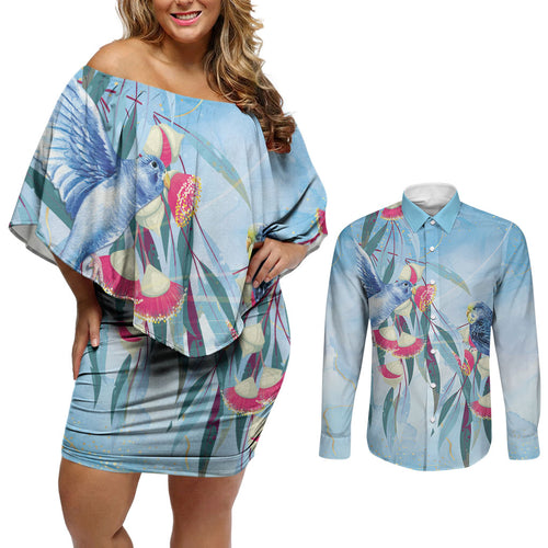 Australia Blue Budgie Marble Glaze Couples Matching Off Shoulder Short Dress and Long Sleeve Button Shirt Cancer Awareness