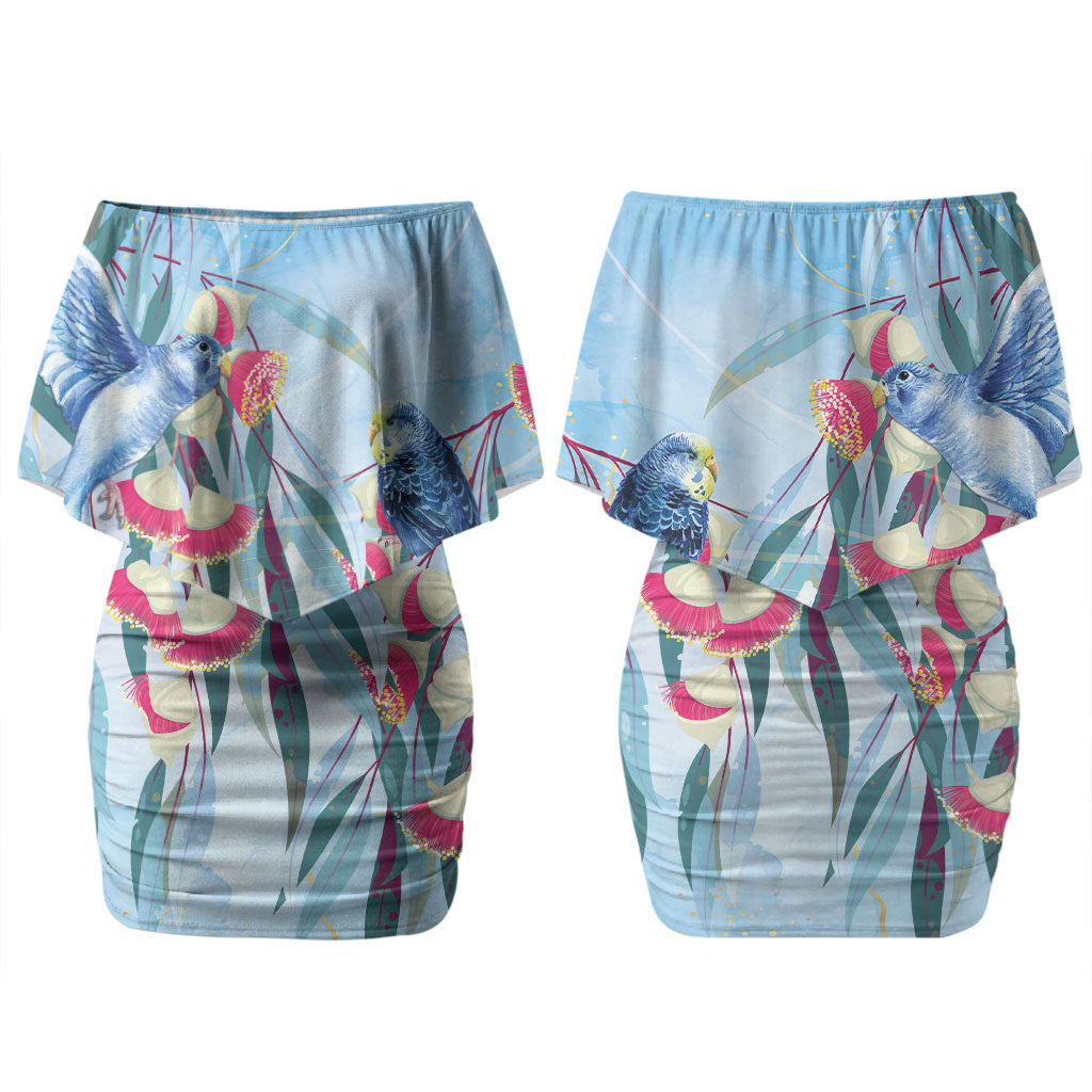 Australia Blue Budgie Marble Glaze Couples Matching Off Shoulder Short Dress and Long Sleeve Button Shirt Cancer Awareness