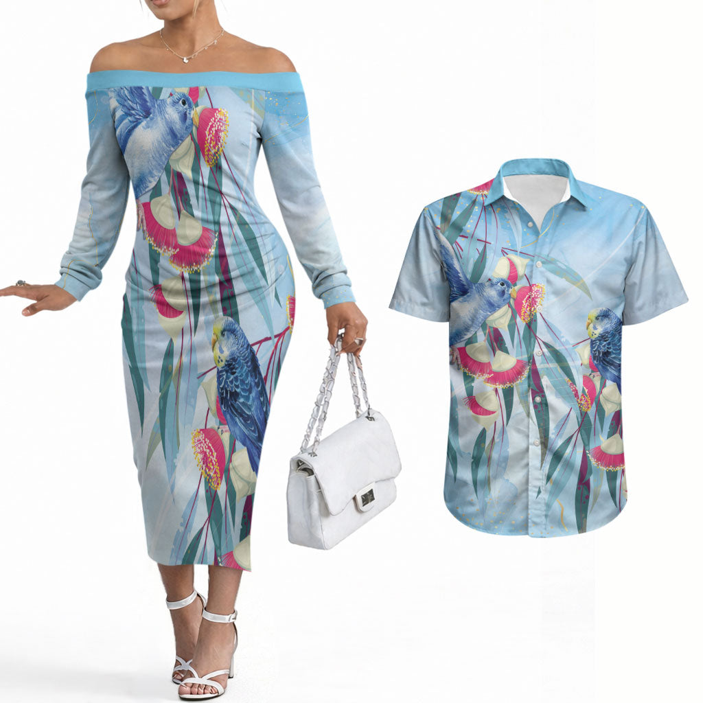 Australia Blue Budgie Marble Glaze Couples Matching Off The Shoulder Long Sleeve Dress and Hawaiian Shirt Cancer Awareness