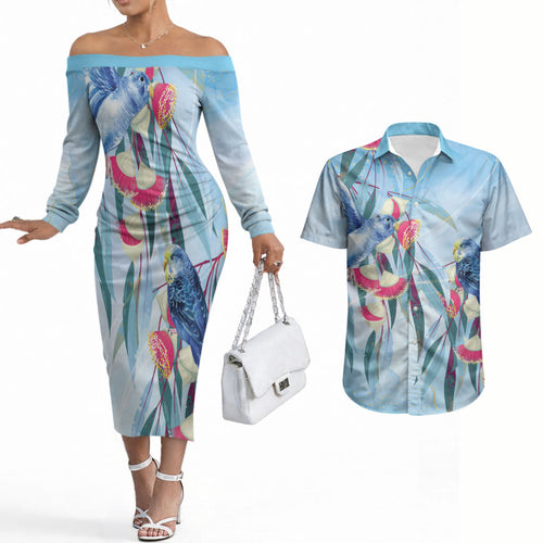 Australia Blue Budgie Marble Glaze Couples Matching Off The Shoulder Long Sleeve Dress and Hawaiian Shirt Cancer Awareness