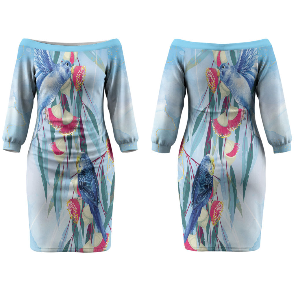 Australia Blue Budgie Marble Glaze Couples Matching Off The Shoulder Long Sleeve Dress and Hawaiian Shirt Cancer Awareness