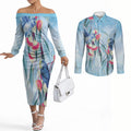 Australia Blue Budgie Marble Glaze Couples Matching Off The Shoulder Long Sleeve Dress and Long Sleeve Button Shirt Cancer Awareness