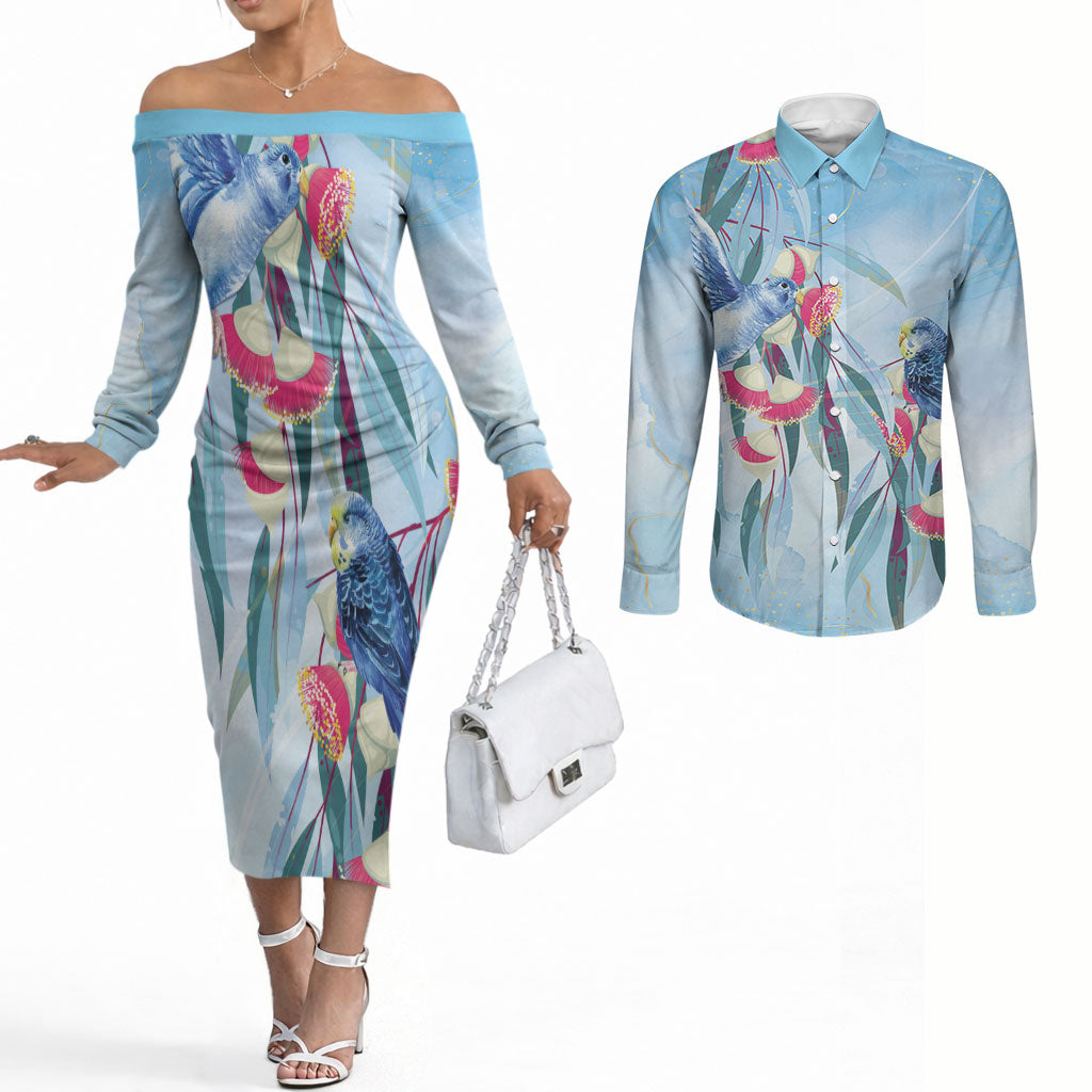 Australia Blue Budgie Marble Glaze Couples Matching Off The Shoulder Long Sleeve Dress and Long Sleeve Button Shirt Cancer Awareness