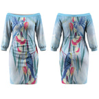 Australia Blue Budgie Marble Glaze Couples Matching Off The Shoulder Long Sleeve Dress and Long Sleeve Button Shirt Cancer Awareness