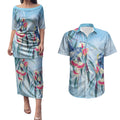 Australia Blue Budgie Marble Glaze Couples Matching Puletasi and Hawaiian Shirt Cancer Awareness