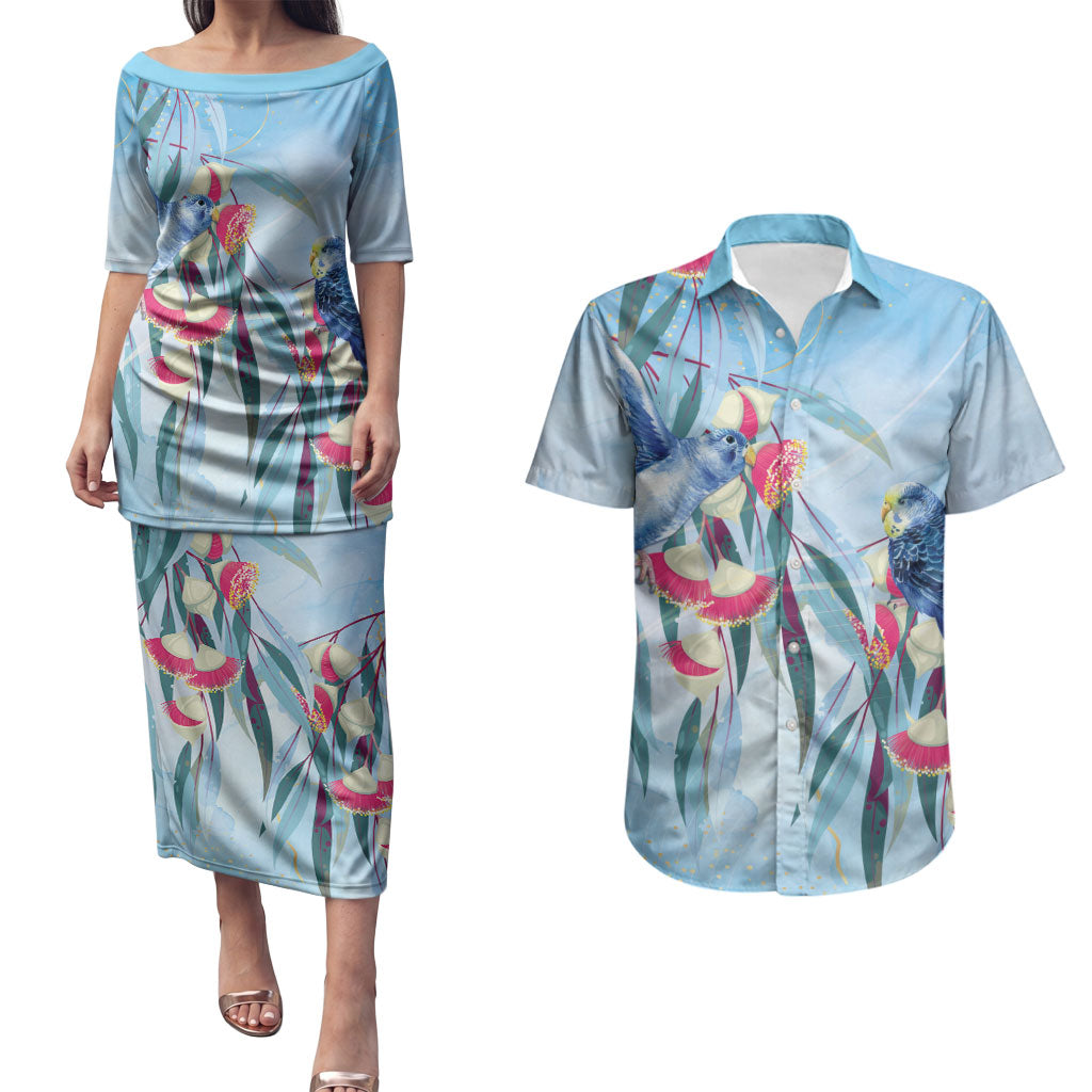 Australia Blue Budgie Marble Glaze Couples Matching Puletasi and Hawaiian Shirt Cancer Awareness