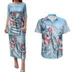 Australia Blue Budgie Marble Glaze Couples Matching Puletasi and Hawaiian Shirt Cancer Awareness