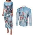 Australia Blue Budgie Marble Glaze Couples Matching Puletasi and Long Sleeve Button Shirt Cancer Awareness