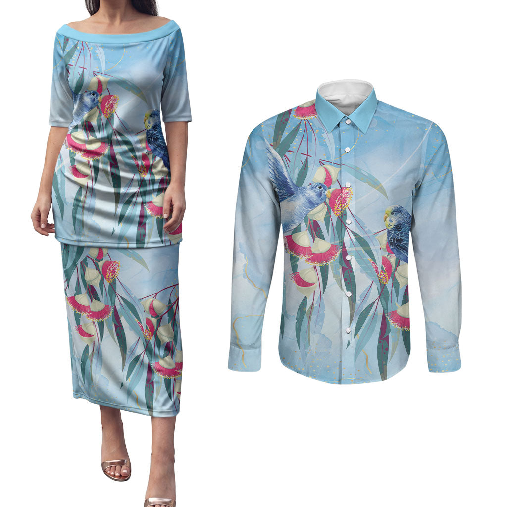 Australia Blue Budgie Marble Glaze Couples Matching Puletasi and Long Sleeve Button Shirt Cancer Awareness
