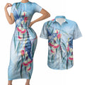 Australia Blue Budgie Marble Glaze Couples Matching Short Sleeve Bodycon Dress and Hawaiian Shirt Cancer Awareness