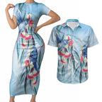 Australia Blue Budgie Marble Glaze Couples Matching Short Sleeve Bodycon Dress and Hawaiian Shirt Cancer Awareness
