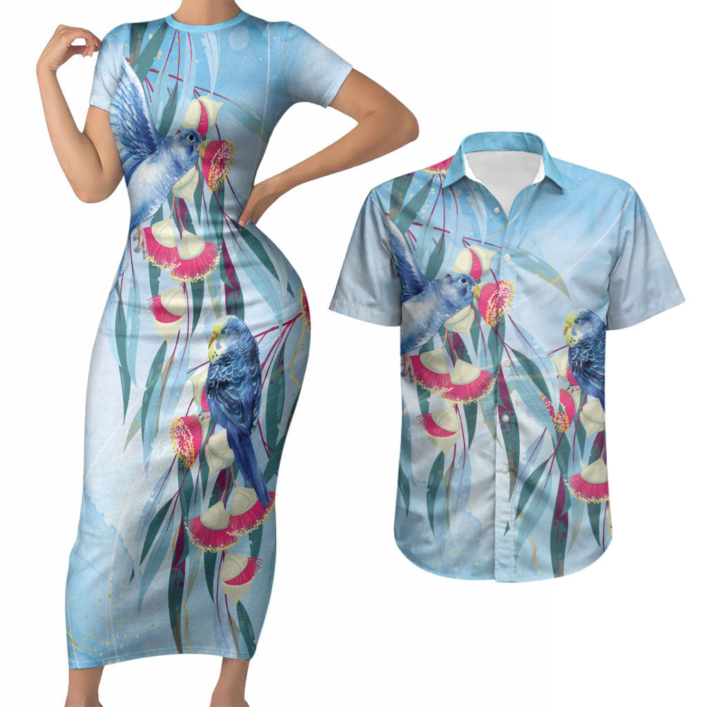 Australia Blue Budgie Marble Glaze Couples Matching Short Sleeve Bodycon Dress and Hawaiian Shirt Cancer Awareness