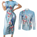 Australia Blue Budgie Marble Glaze Couples Matching Short Sleeve Bodycon Dress and Long Sleeve Button Shirt Cancer Awareness