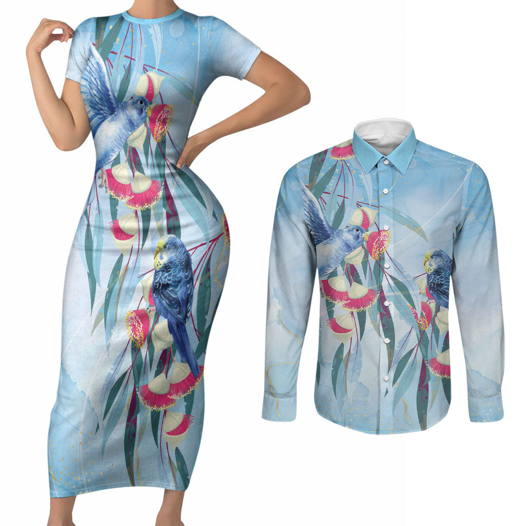 Australia Blue Budgie Marble Glaze Couples Matching Short Sleeve Bodycon Dress and Long Sleeve Button Shirt Cancer Awareness