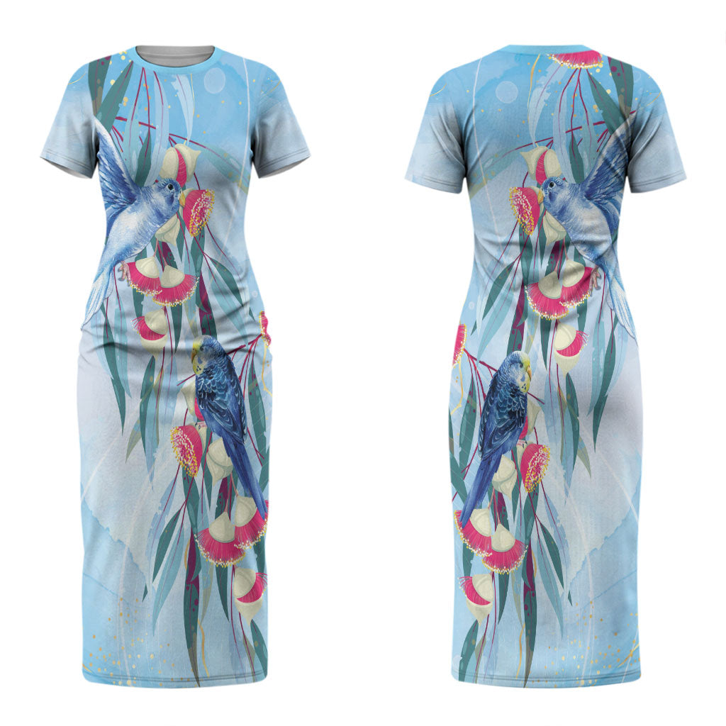 Australia Blue Budgie Marble Glaze Couples Matching Short Sleeve Bodycon Dress and Long Sleeve Button Shirt Cancer Awareness