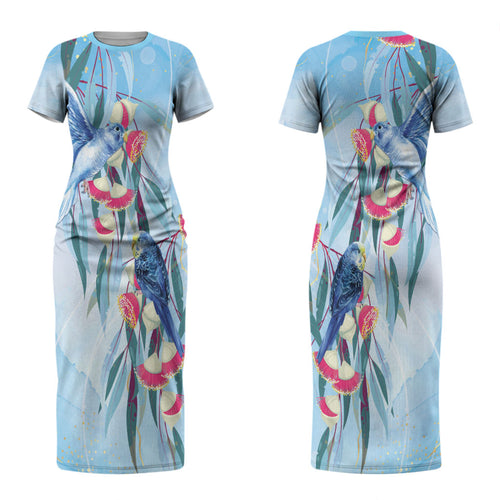 Australia Blue Budgie Marble Glaze Couples Matching Short Sleeve Bodycon Dress and Long Sleeve Button Shirt Cancer Awareness