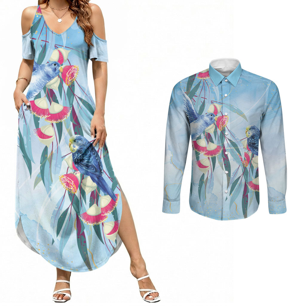 Australia Blue Budgie Marble Glaze Couples Matching Summer Maxi Dress and Long Sleeve Button Shirt Cancer Awareness