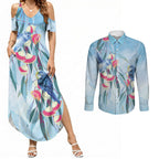 Australia Blue Budgie Marble Glaze Couples Matching Summer Maxi Dress and Long Sleeve Button Shirt Cancer Awareness