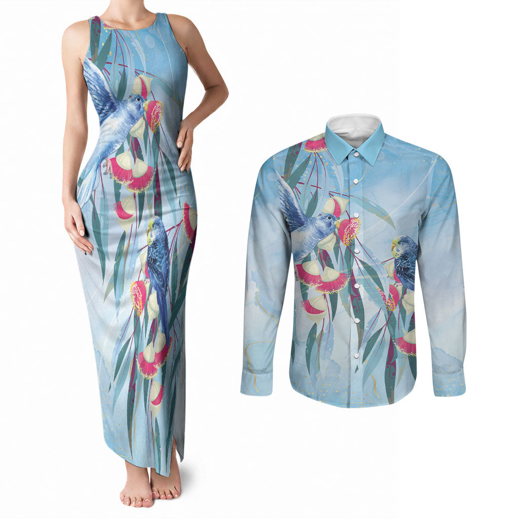 Australia Blue Budgie Marble Glaze Couples Matching Tank Maxi Dress and Long Sleeve Button Shirt Cancer Awareness