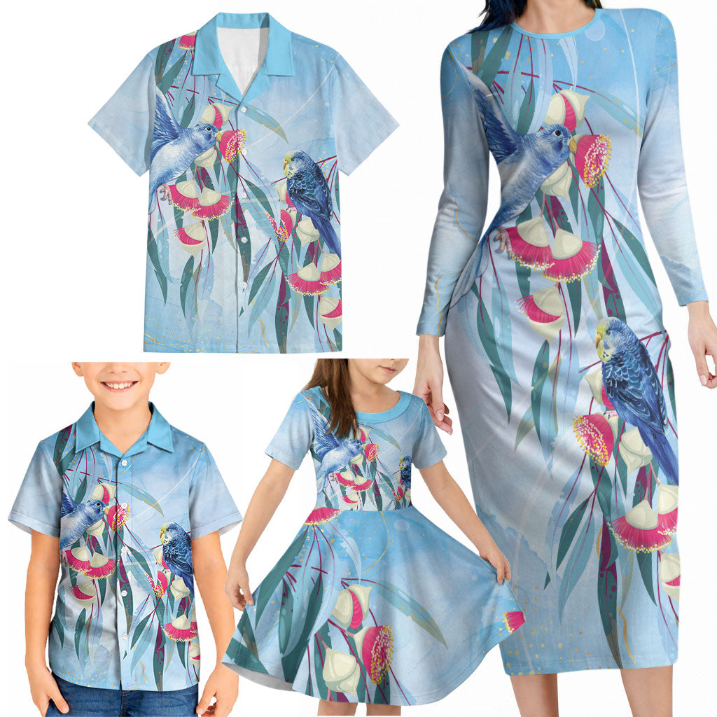 Australia Blue Budgie Marble Glaze Family Matching Long Sleeve Bodycon Dress and Hawaiian Shirt Cancer Awareness