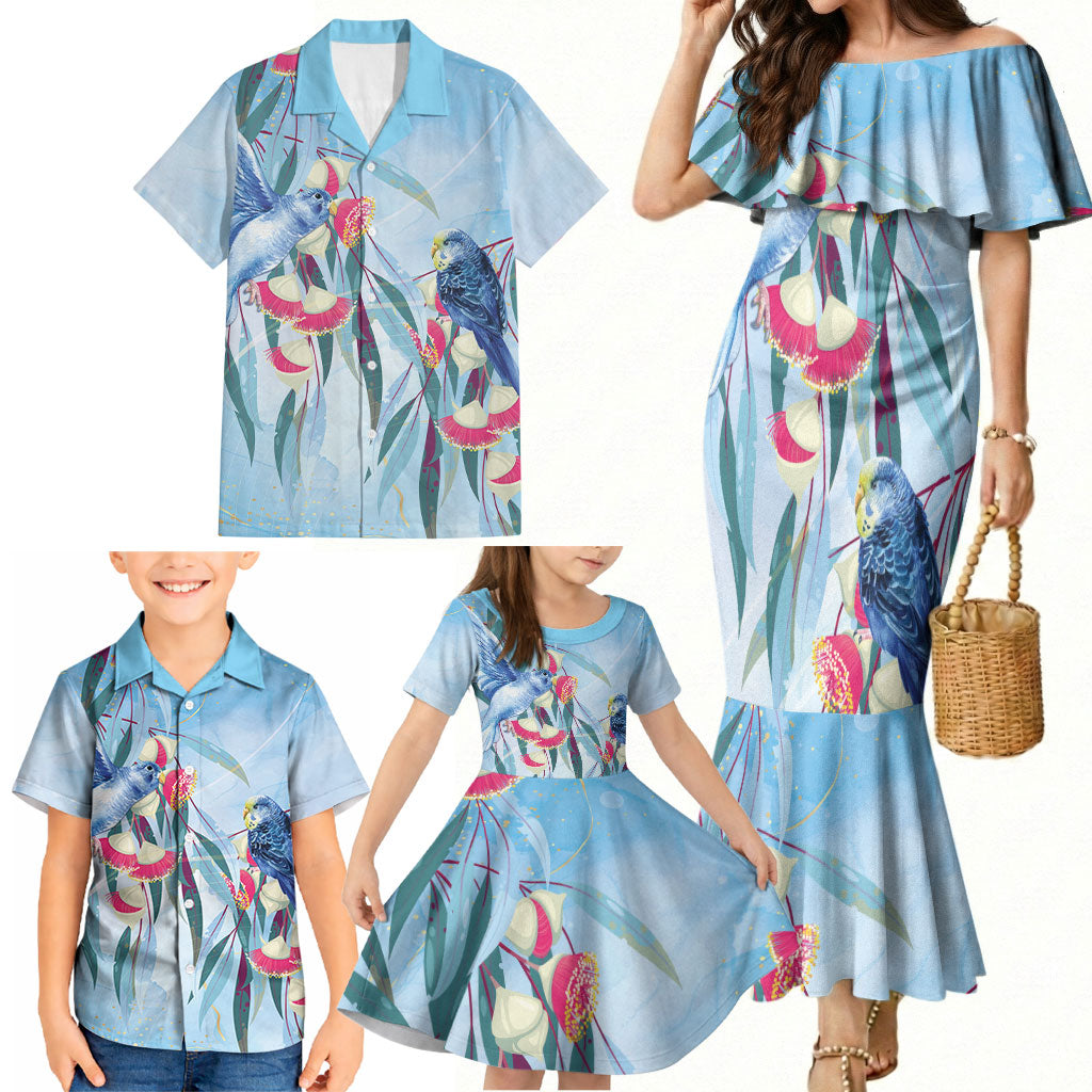 Australia Blue Budgie Marble Glaze Family Matching Mermaid Dress and Hawaiian Shirt Cancer Awareness