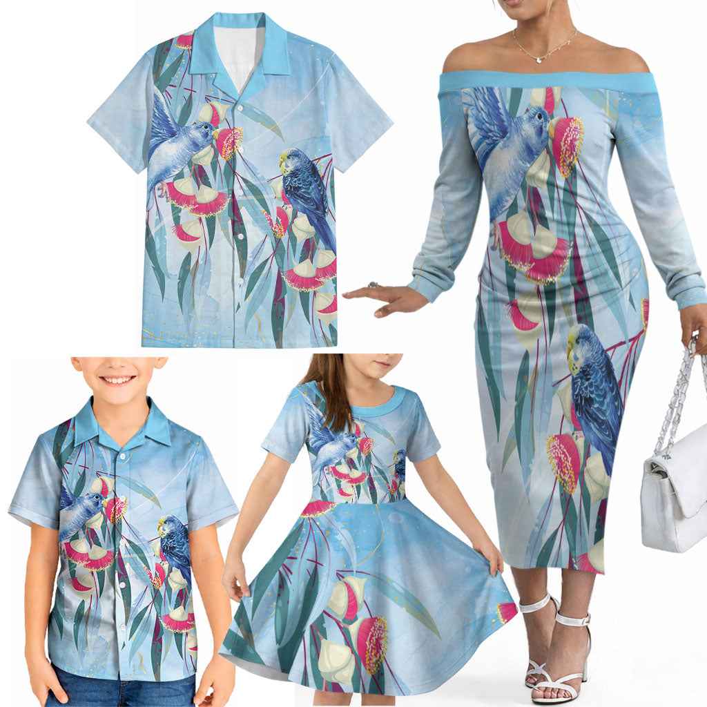 Australia Blue Budgie Marble Glaze Family Matching Off The Shoulder Long Sleeve Dress and Hawaiian Shirt Cancer Awareness