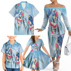Australia Blue Budgie Marble Glaze Family Matching Off The Shoulder Long Sleeve Dress and Hawaiian Shirt Cancer Awareness