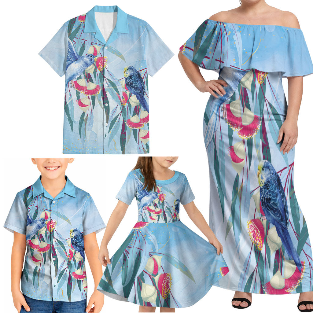 Australia Blue Budgie Marble Glaze Family Matching Off Shoulder Maxi Dress and Hawaiian Shirt Cancer Awareness