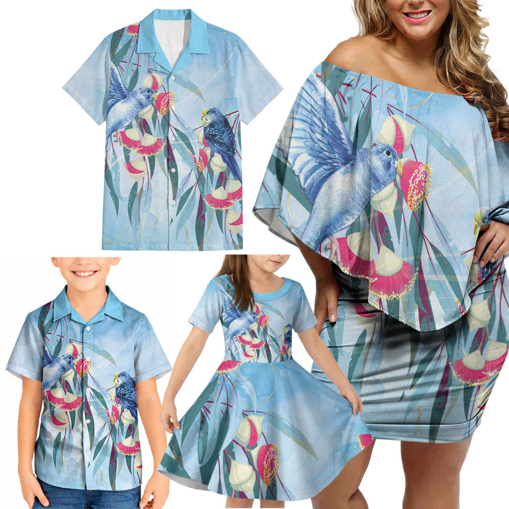 Australia Blue Budgie Marble Glaze Family Matching Off Shoulder Short Dress and Hawaiian Shirt Cancer Awareness