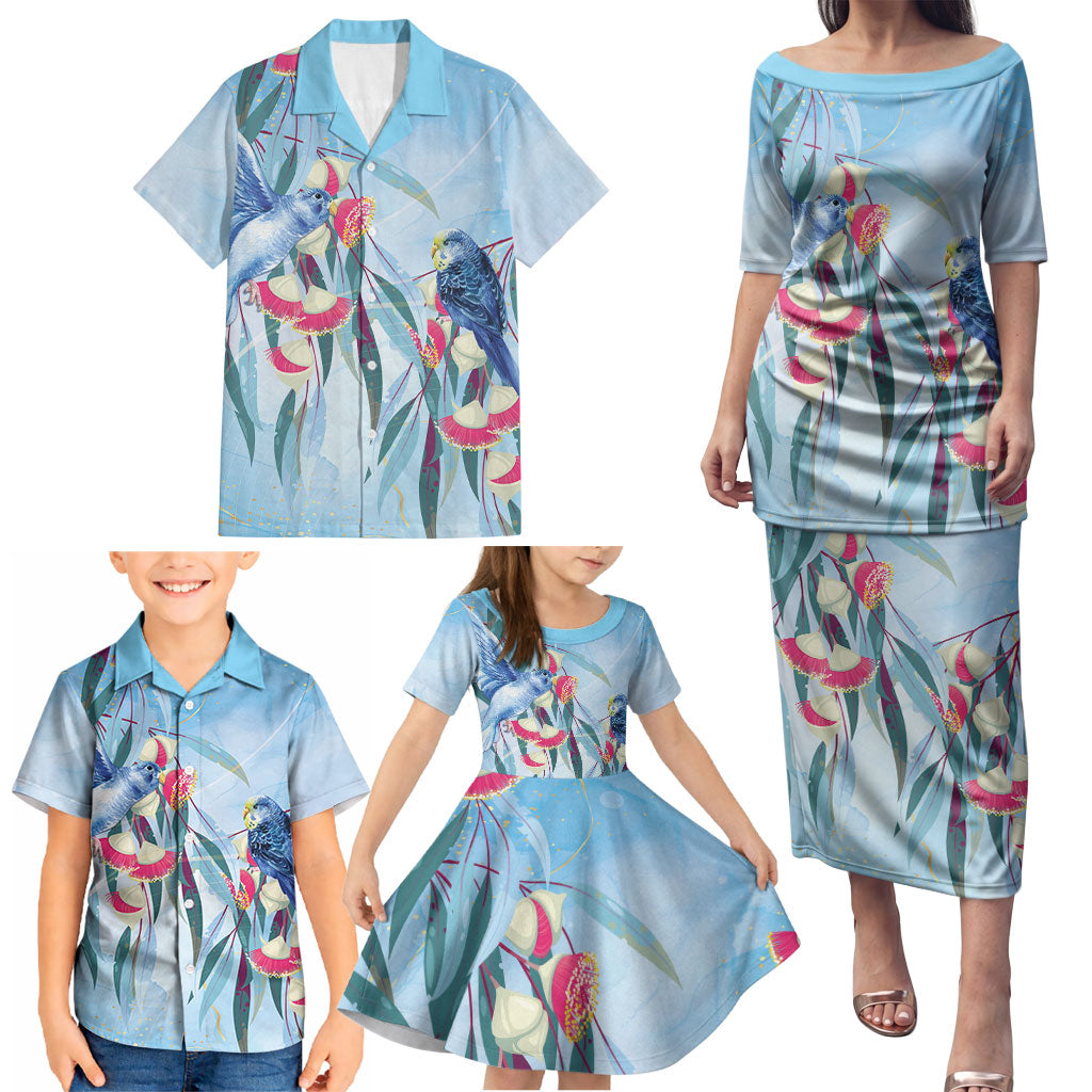 Australia Blue Budgie Marble Glaze Family Matching Puletasi and Hawaiian Shirt Cancer Awareness