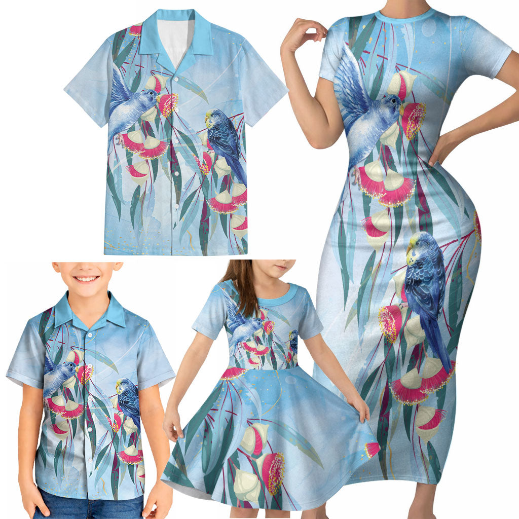 Australia Blue Budgie Marble Glaze Family Matching Short Sleeve Bodycon Dress and Hawaiian Shirt Cancer Awareness