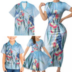 Australia Blue Budgie Marble Glaze Family Matching Short Sleeve Bodycon Dress and Hawaiian Shirt Cancer Awareness