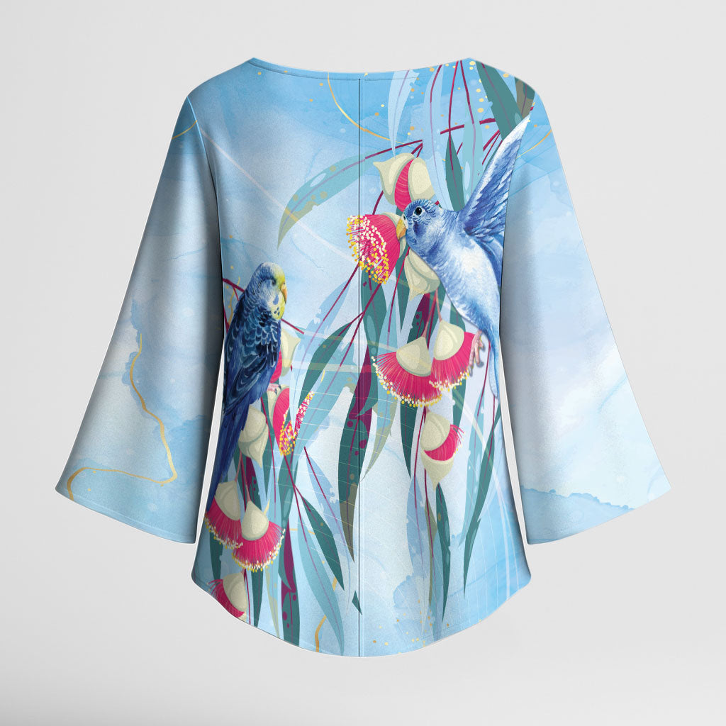 Australia Blue Budgie Marble Glaze Kimono Sleeve Blouse Cancer Awareness