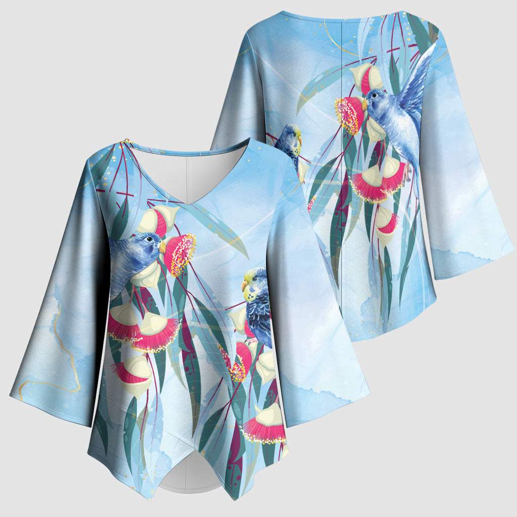 Australia Blue Budgie Marble Glaze Kimono Sleeve Blouse Cancer Awareness
