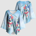Australia Blue Budgie Marble Glaze Kimono Sleeve Blouse Cancer Awareness