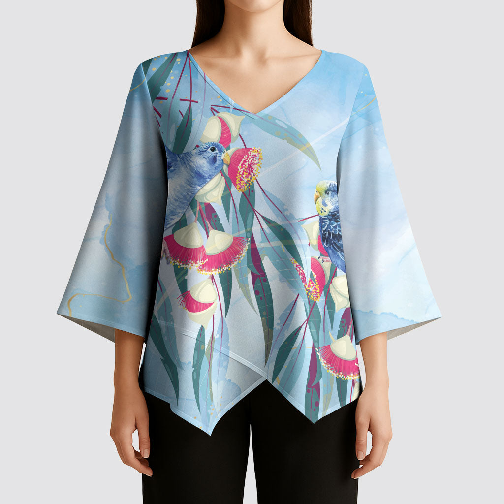 Australia Blue Budgie Marble Glaze Kimono Sleeve Blouse Cancer Awareness