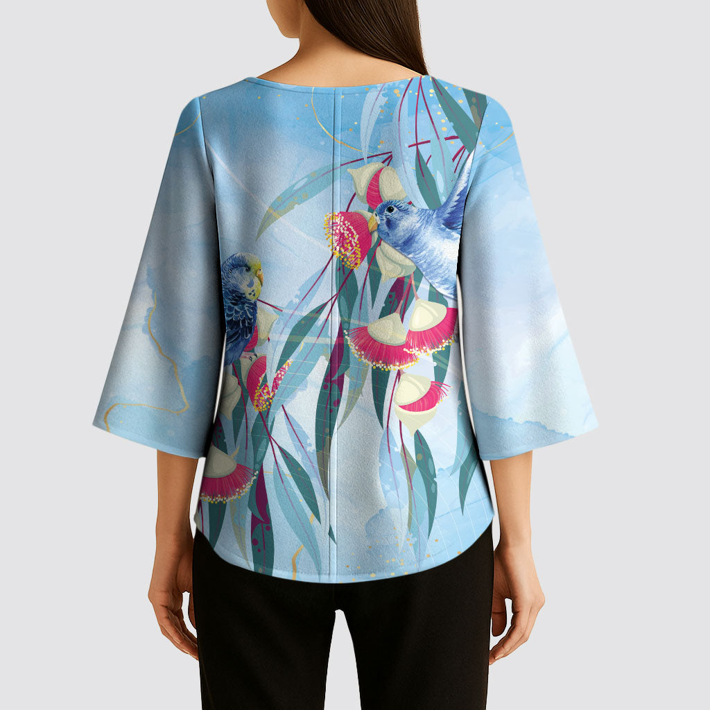 Australia Blue Budgie Marble Glaze Kimono Sleeve Blouse Cancer Awareness